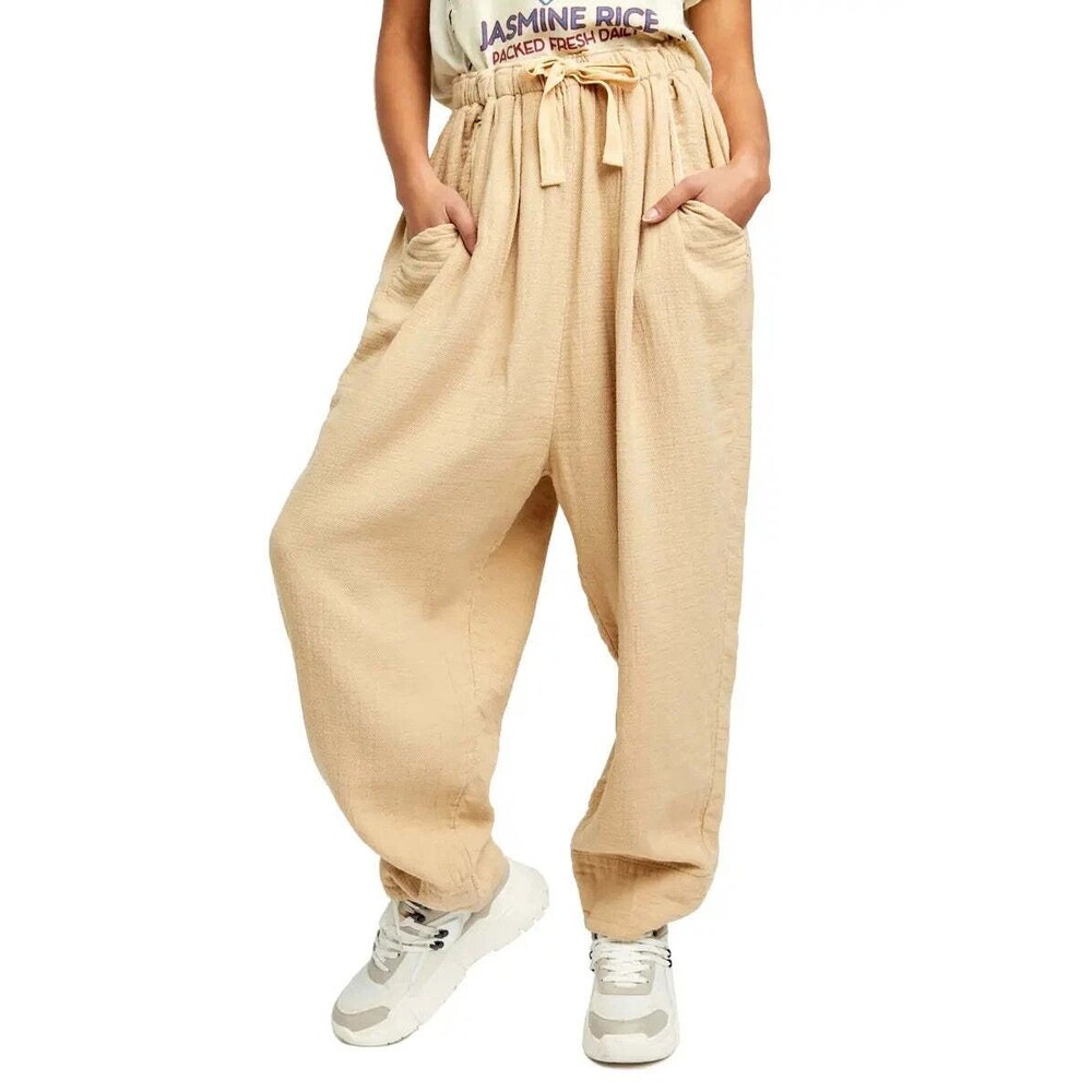 Free People NWT Essential Doublecloth Trousers Size M beige baggy elastic waist